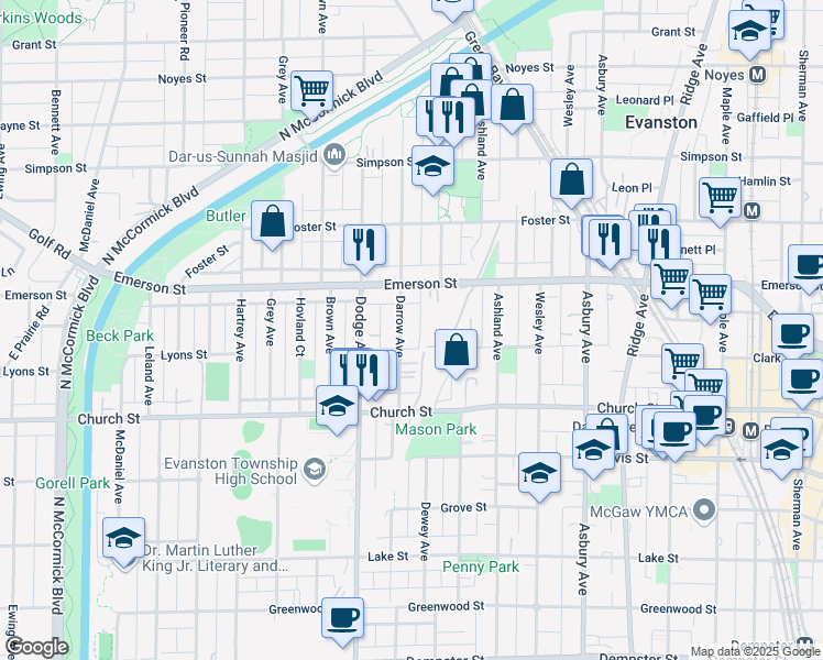 map of restaurants, bars, coffee shops, grocery stores, and more near 1818 Darrow Avenue in Evanston