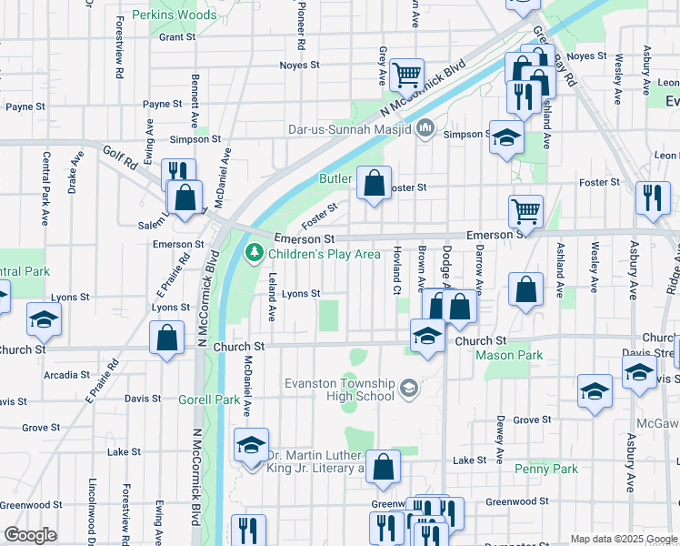 map of restaurants, bars, coffee shops, grocery stores, and more near 1823 Hartrey Avenue in Evanston