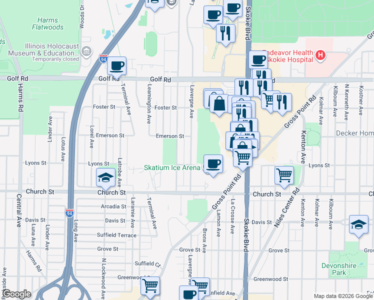 map of restaurants, bars, coffee shops, grocery stores, and more near 9337 Lavergne Avenue in Skokie