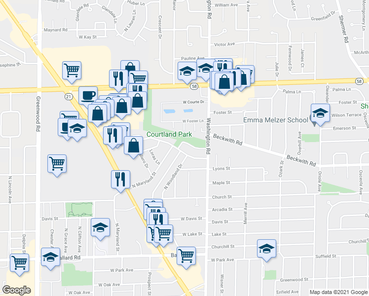 map of restaurants, bars, coffee shops, grocery stores, and more near 9331 Courtland Drive in Niles