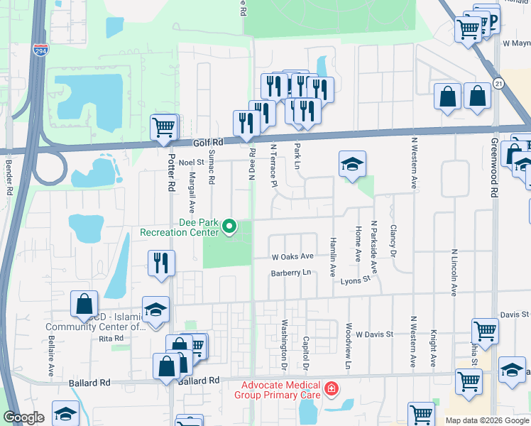 map of restaurants, bars, coffee shops, grocery stores, and more near 9417 Dee Road in Des Plaines