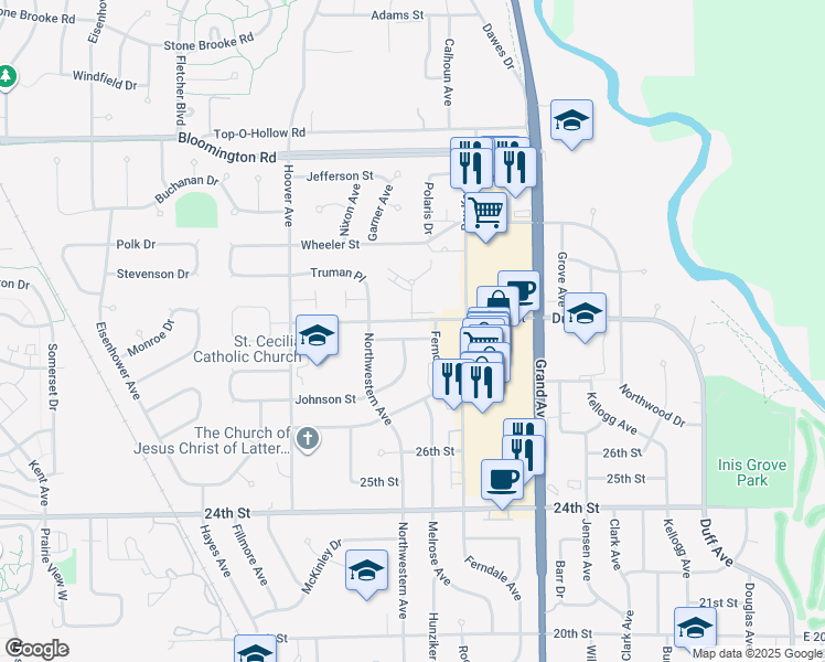map of restaurants, bars, coffee shops, grocery stores, and more near 1015 Kennedy Street in Ames
