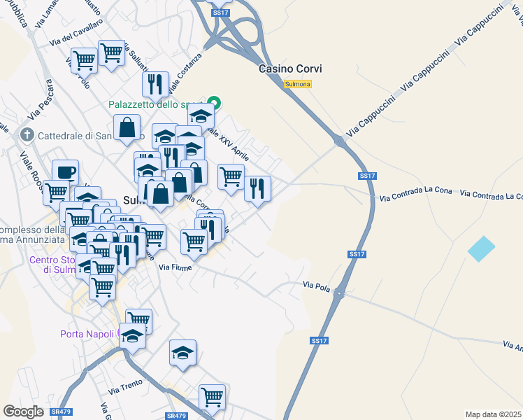 map of restaurants, bars, coffee shops, grocery stores, and more near 106A Via Cappuccini in Sulmona