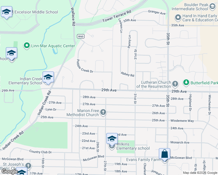 map of restaurants, bars, coffee shops, grocery stores, and more near 2900 Edgebrooke Drive in Marion