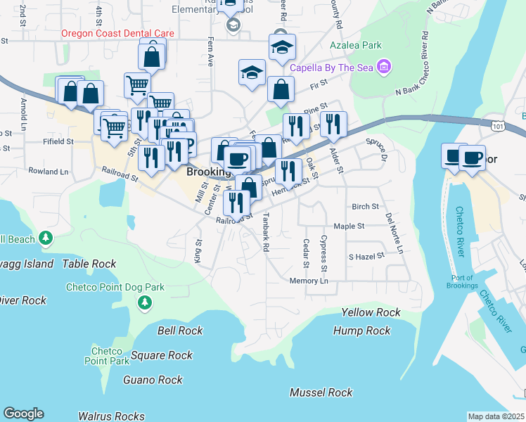 map of restaurants, bars, coffee shops, grocery stores, and more near 608 Railroad St in Brookings