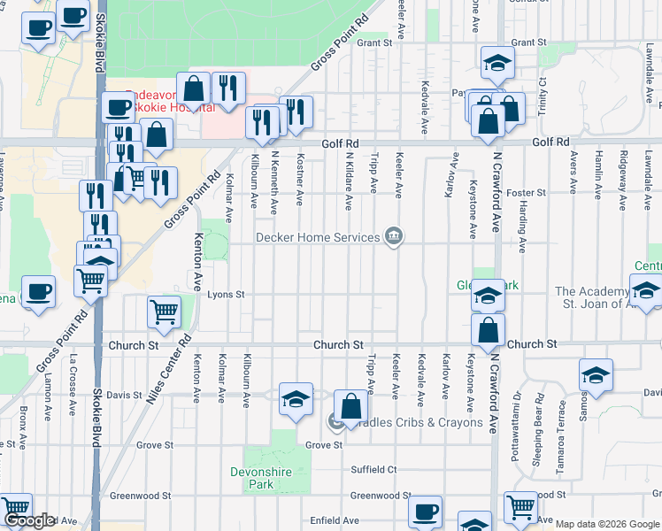 map of restaurants, bars, coffee shops, grocery stores, and more near 9333 Lowell Avenue in Skokie