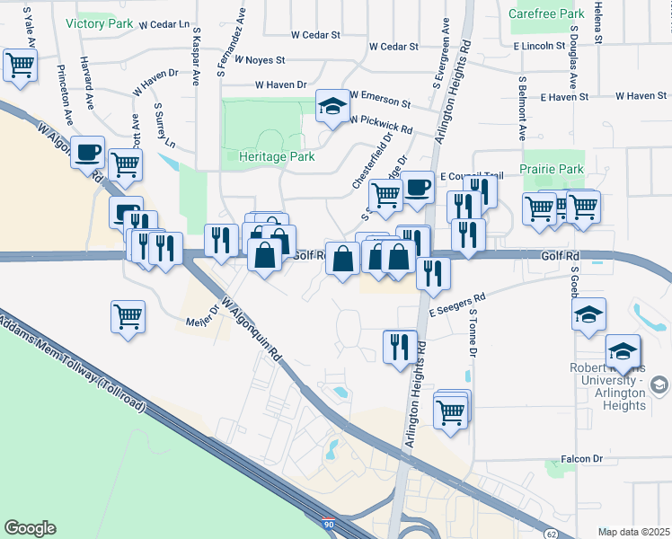 map of restaurants, bars, coffee shops, grocery stores, and more near 433-515 West Golf Road in Arlington Heights