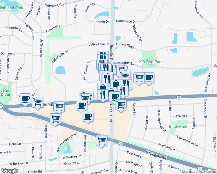 map of restaurants, bars, coffee shops, grocery stores, and more near 1226 North Roselle Road in Schaumburg