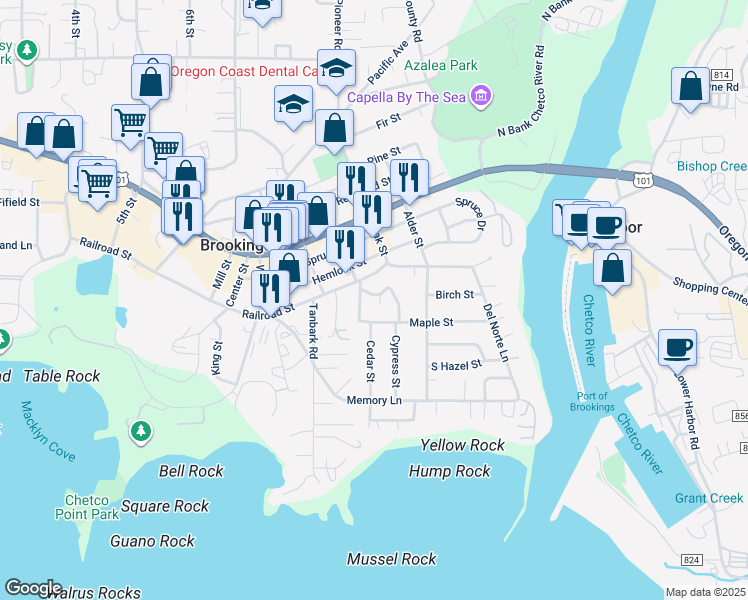 map of restaurants, bars, coffee shops, grocery stores, and more near 39 Floral Drive in Brookings
