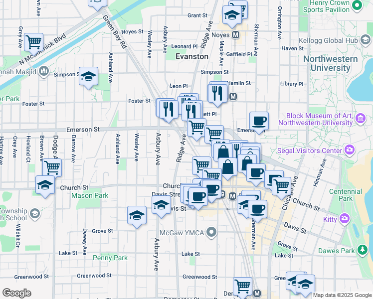 map of restaurants, bars, coffee shops, grocery stores, and more near 1815 Norwood Court in Evanston