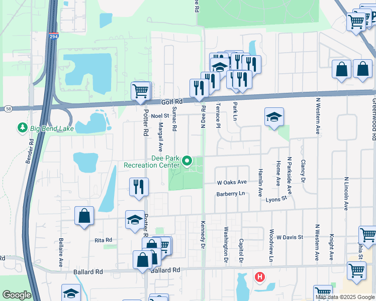 map of restaurants, bars, coffee shops, grocery stores, and more near 9415B Sumac Road in Des Plaines