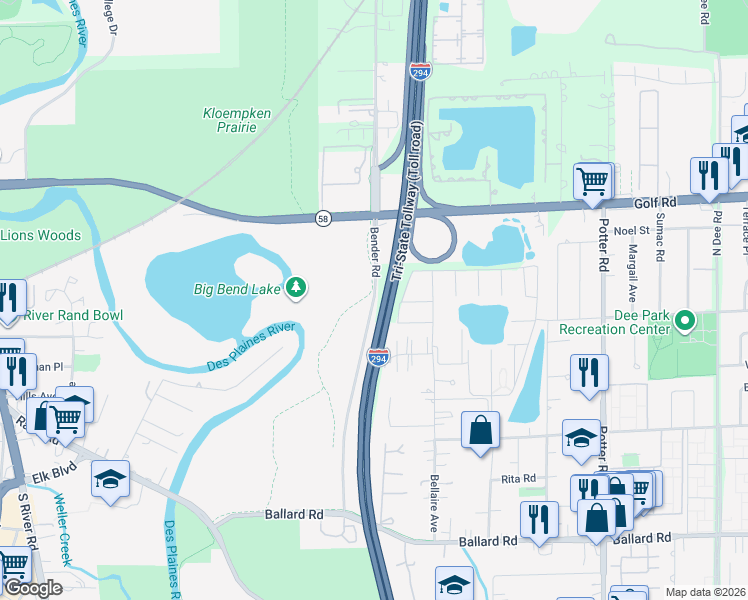 map of restaurants, bars, coffee shops, grocery stores, and more near Des Plaines River Trail in Des Plaines