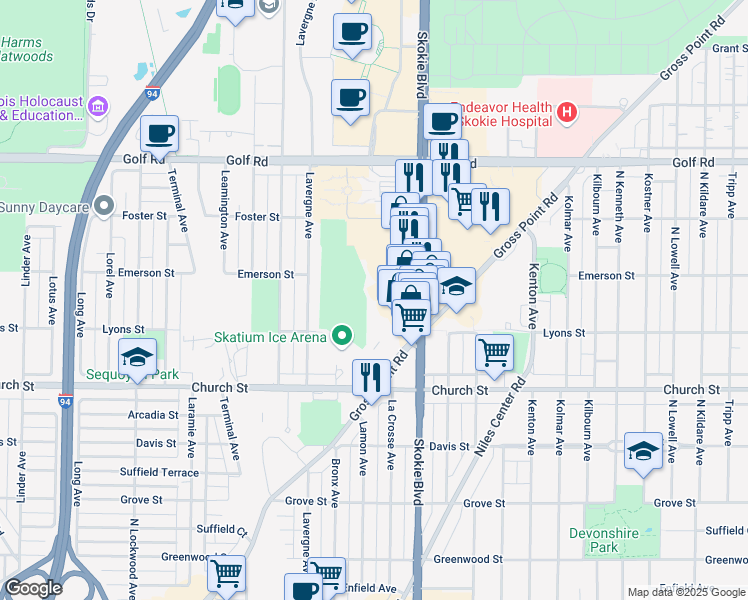 map of restaurants, bars, coffee shops, grocery stores, and more near 9244 Gross Point Road in Skokie