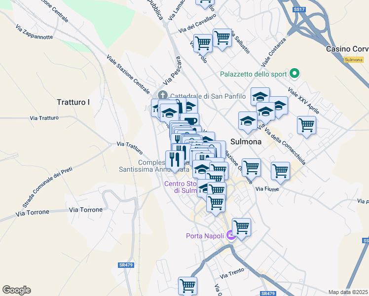 map of restaurants, bars, coffee shops, grocery stores, and more near 14 Vicolo Quercia in Sulmona