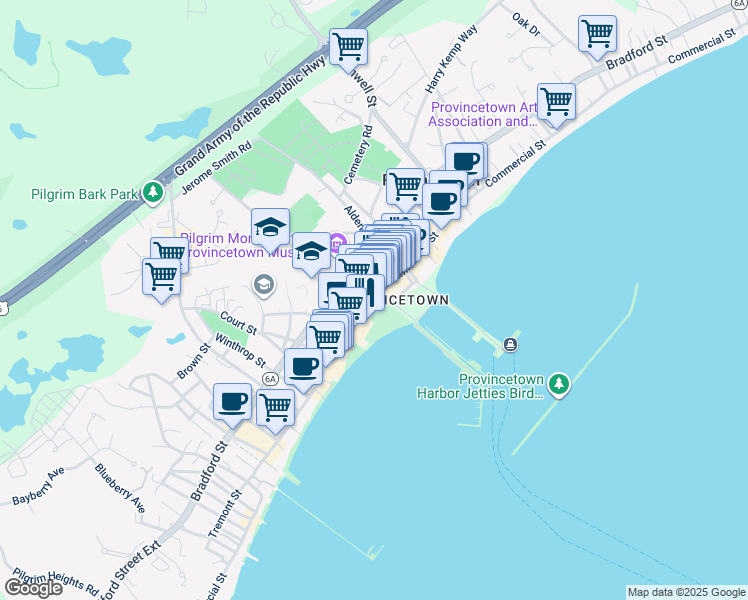 map of restaurants, bars, coffee shops, grocery stores, and more near 293 Commercial Street in Provincetown