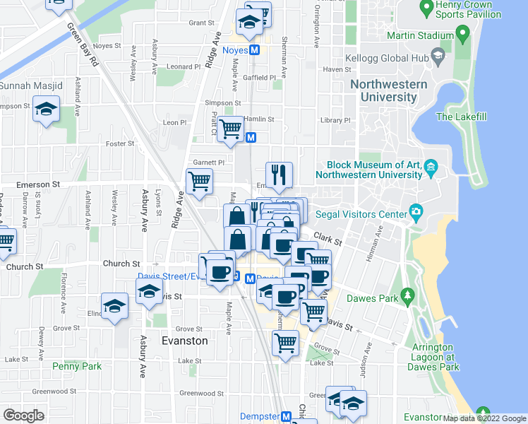 map of restaurants, bars, coffee shops, grocery stores, and more near 1830 Sherman Avenue in Evanston