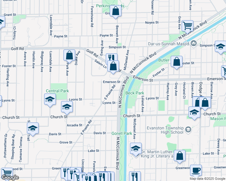 map of restaurants, bars, coffee shops, grocery stores, and more near Manor Court in Evanston