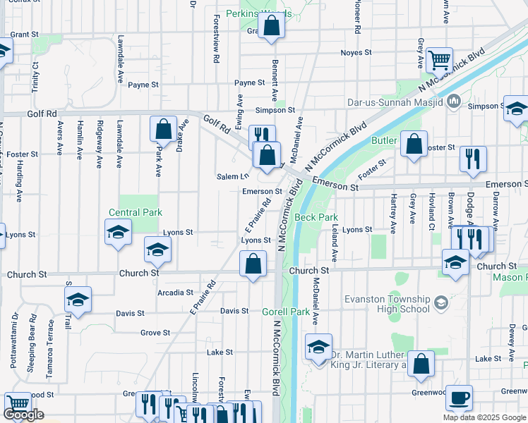 map of restaurants, bars, coffee shops, grocery stores, and more near Manor Court in Evanston