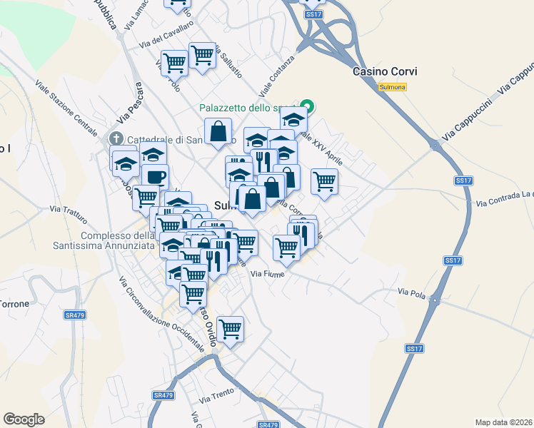 map of restaurants, bars, coffee shops, grocery stores, and more near 13 Via Silvio Spaventa in Sulmona