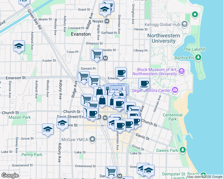 map of restaurants, bars, coffee shops, grocery stores, and more near 1830 Sherman Avenue in Evanston