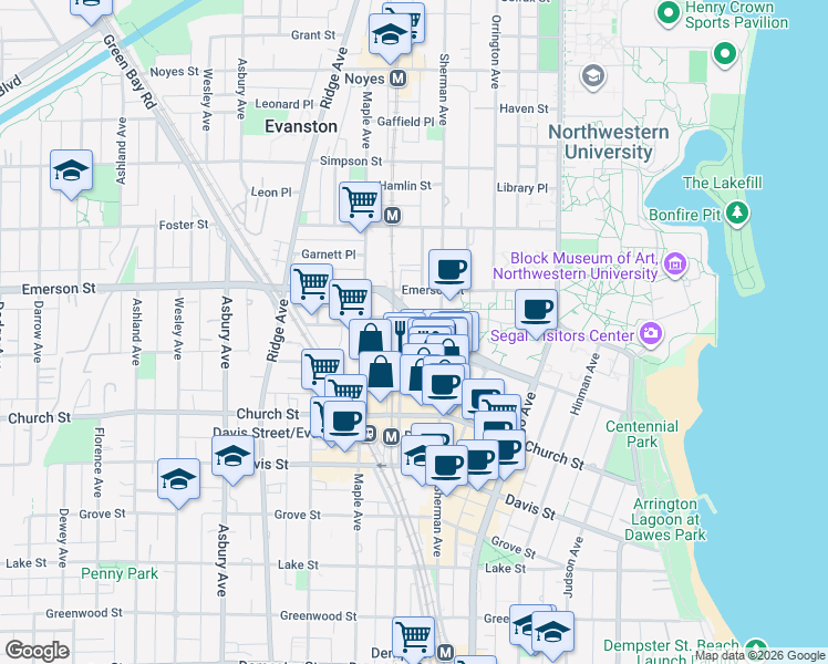 map of restaurants, bars, coffee shops, grocery stores, and more near 800 Elgin Road in Evanston