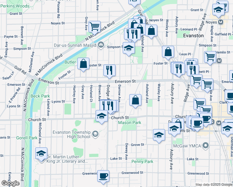 map of restaurants, bars, coffee shops, grocery stores, and more near 1818 Darrow Avenue in Evanston