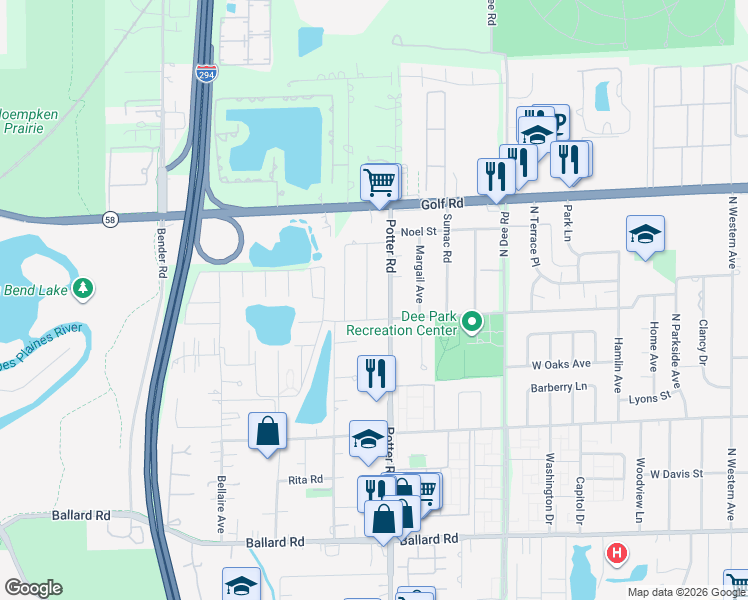 map of restaurants, bars, coffee shops, grocery stores, and more near 9413 Ironwood Lane in Des Plaines