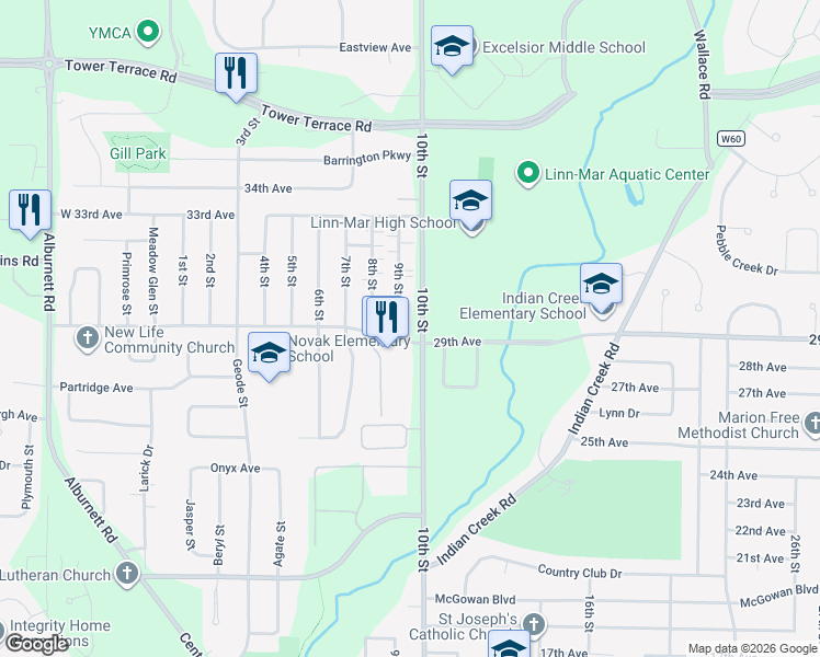map of restaurants, bars, coffee shops, grocery stores, and more near 2920 9th Street in Marion