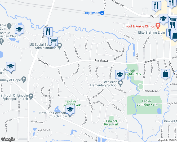 map of restaurants, bars, coffee shops, grocery stores, and more near 640 North Lyle Avenue in Elgin