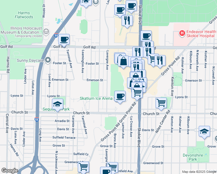 map of restaurants, bars, coffee shops, grocery stores, and more near 9337 Lavergne Avenue in Skokie