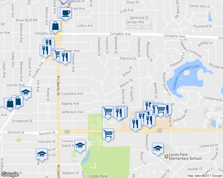 map of restaurants, bars, coffee shops, grocery stores, and more near 800 Martin Drive in Elgin