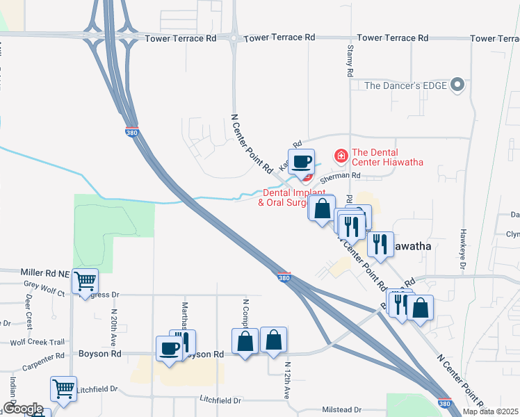 map of restaurants, bars, coffee shops, grocery stores, and more near in Hiawatha