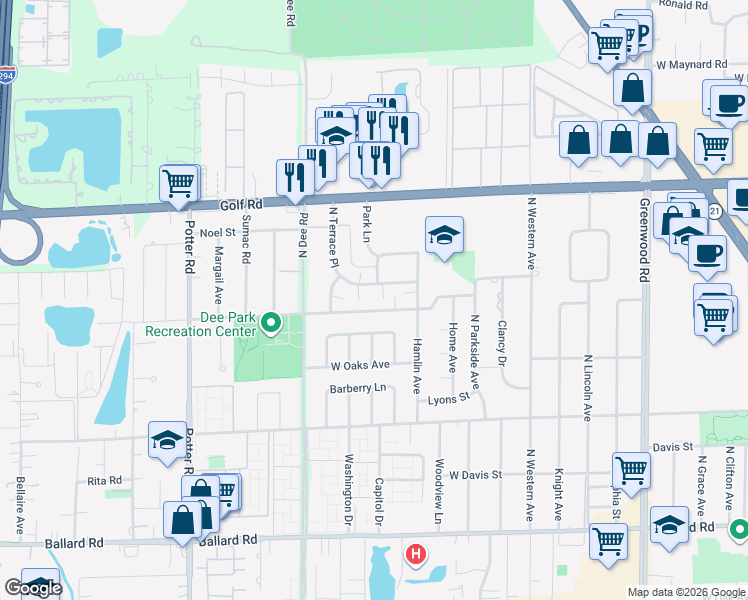 map of restaurants, bars, coffee shops, grocery stores, and more near 9072 West Emerson Street in Des Plaines