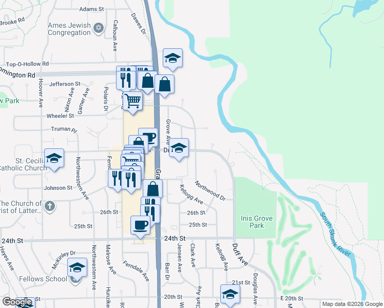 map of restaurants, bars, coffee shops, grocery stores, and more near 2919 Northwood Drive in Ames