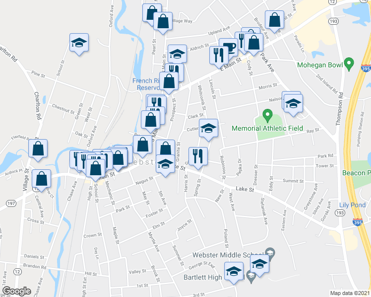 map of restaurants, bars, coffee shops, grocery stores, and more near 18R Granite Street in Webster