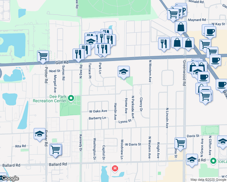 map of restaurants, bars, coffee shops, grocery stores, and more near 9408 Hamlin Avenue in Des Plaines
