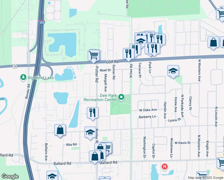 map of restaurants, bars, coffee shops, grocery stores, and more near 9408 Sumac Road in Des Plaines