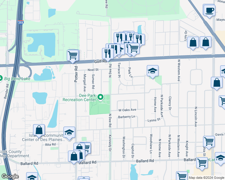 map of restaurants, bars, coffee shops, grocery stores, and more near 9417 Dee Road in Des Plaines