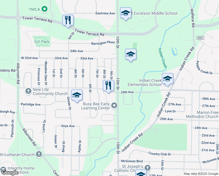 map of restaurants, bars, coffee shops, grocery stores, and more near 2920 9th Street in Marion