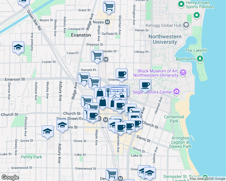 map of restaurants, bars, coffee shops, grocery stores, and more near 800 Elgin Road in Evanston