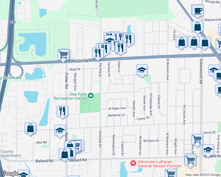 map of restaurants, bars, coffee shops, grocery stores, and more near 9413 Oak Avenue in Des Plaines