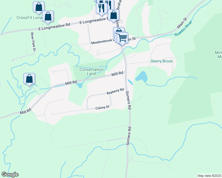 map of restaurants, bars, coffee shops, grocery stores, and more near 24 Bayberry Road in Hampden