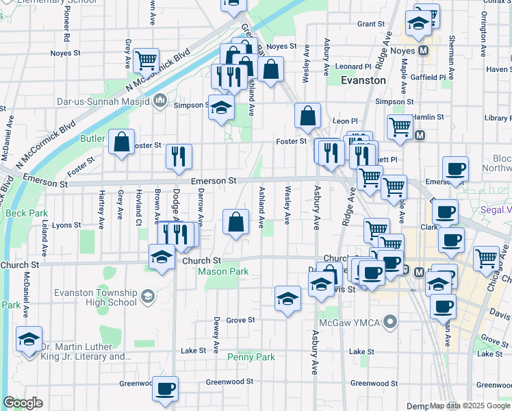 map of restaurants, bars, coffee shops, grocery stores, and more near 1520 Lyons Street in Evanston