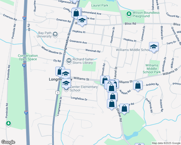 map of restaurants, bars, coffee shops, grocery stores, and more near 32 Williams Court in Longmeadow