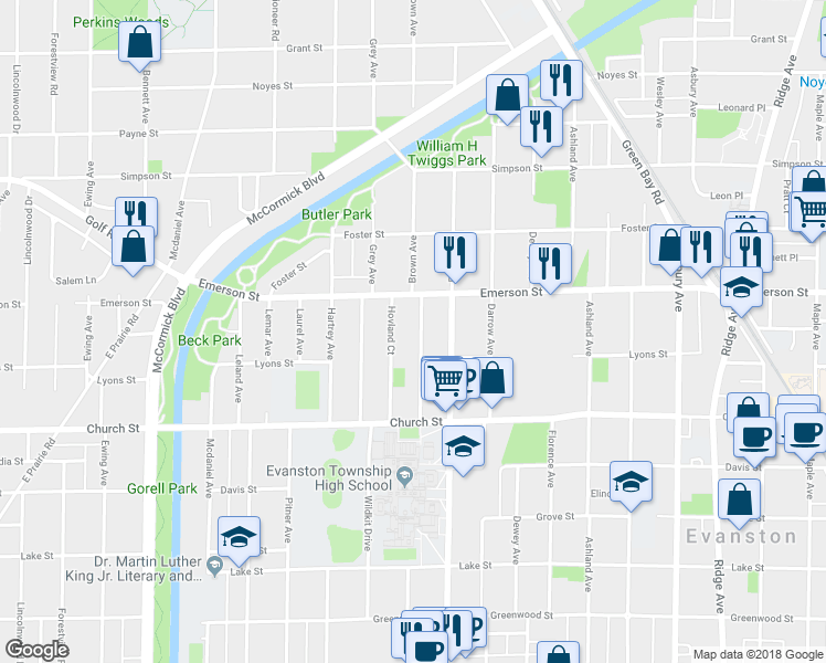 map of restaurants, bars, coffee shops, grocery stores, and more near 1820 Brown Avenue in Evanston