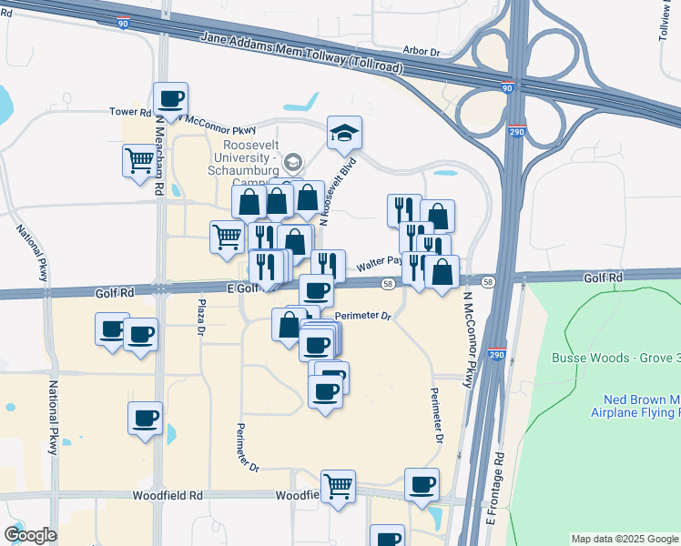 map of restaurants, bars, coffee shops, grocery stores, and more near 1700 East Golf Road in Schaumburg