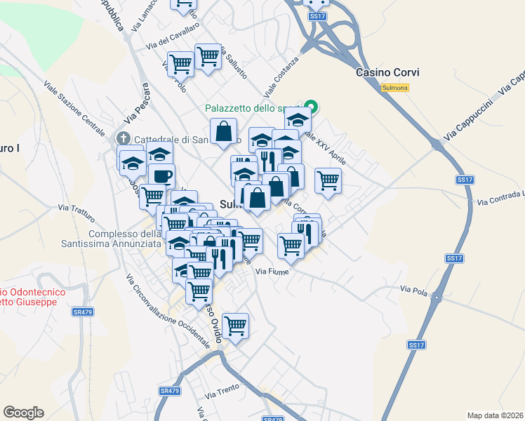 map of restaurants, bars, coffee shops, grocery stores, and more near 13 Via Silvio Spaventa in Sulmona