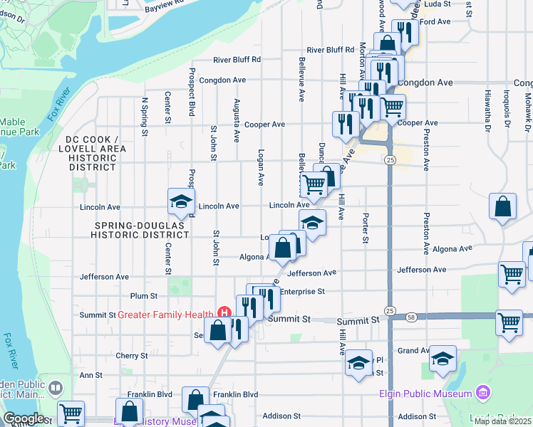 map of restaurants, bars, coffee shops, grocery stores, and more near 729 Logan Avenue in Elgin