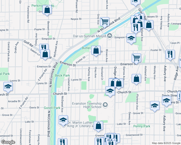 map of restaurants, bars, coffee shops, grocery stores, and more near 1823 Hartrey Avenue in Evanston