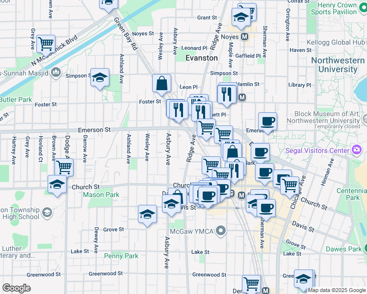map of restaurants, bars, coffee shops, grocery stores, and more near 1822 Ridge Avenue in Evanston